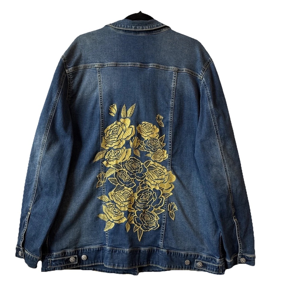Lularoe Harvey Embroidered Yellow Gold Floral Distressed Denim Jacket 3XL Boho